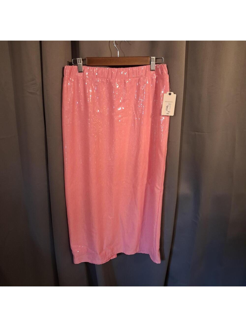Pink Sequin Midi Skirt with Back Slit